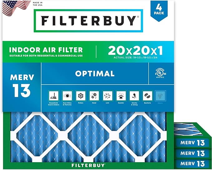 Filterbuy 20x20x1 Air Filter MERV 13 Optimal Smoke & Allergy Defense, by Filterbuy