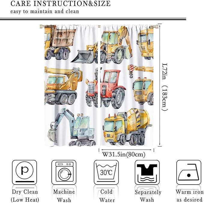Kids Excavator Curtains, Retro Truck Tractor Machinery Construction Vehicle - Image 4