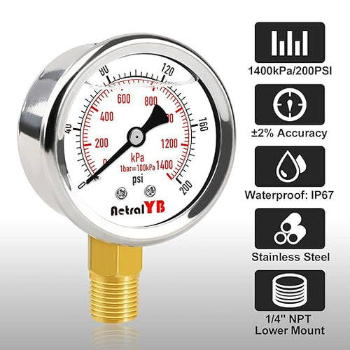 0-200 Psi 2-Inch Waterproof Pressure Gauge, Liquid-Filled, 1/4" NPT Lower Mount - Image 2