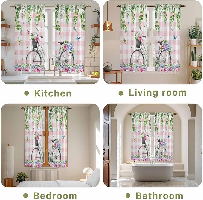 Spring Kitchen Curtains, Bicycles Leaves Butterfly Flowers Pink Buffalo Plaid - Image 8