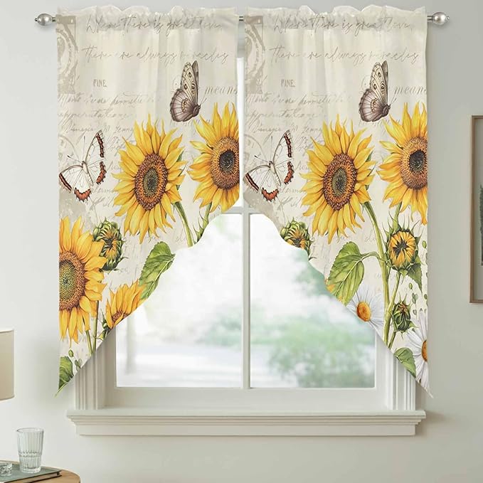 Farm Sunflowers Swag Valances for Windows, Retro Flowers Butterfly Botanical - Image 7