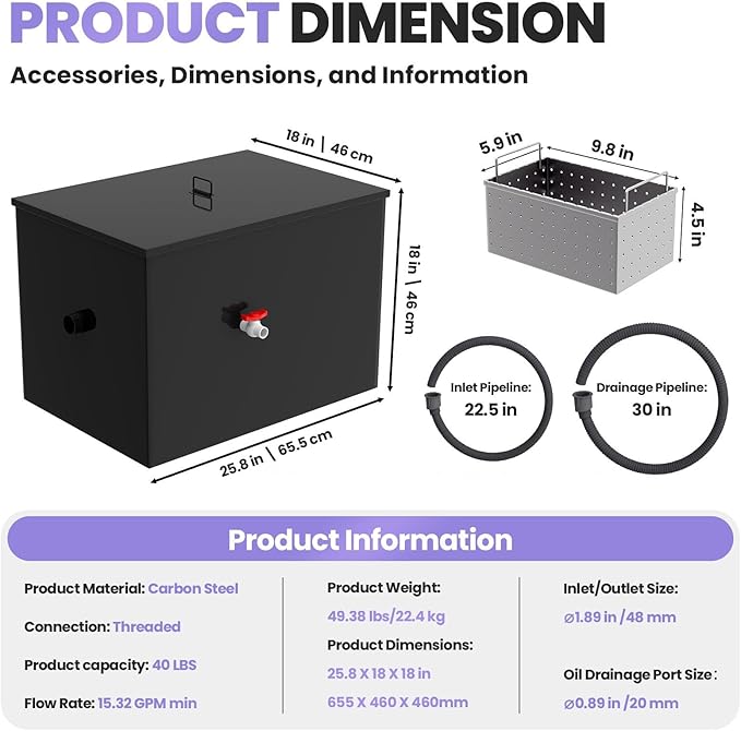 40 LBS Commercial Grease Trap Carbon Steel Interceptor, 15 GPM Flow Rate Under - Image 2