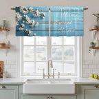 Farmhouse Wooden Grain Tier Curtains, Vintage Shabby Chic Flower Blue Light - Image 2