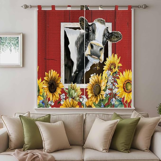 Cows Sunflowers Bathroom Curtains 63 Inch Length, Window Curtains Tab Top - Image 9