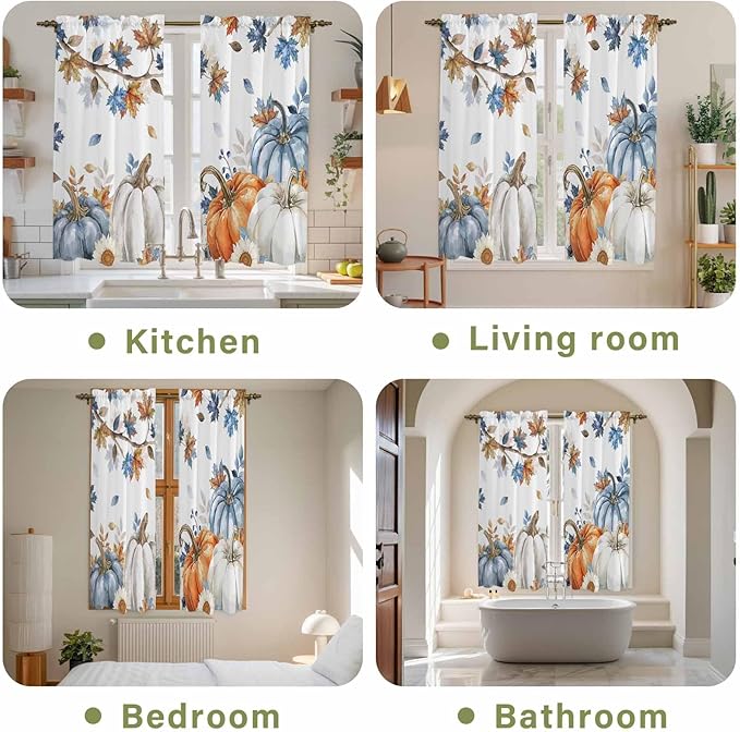 Navy Blue Pumpkin Fall Window Curtains 63 Inch Long 2 Panel Set, Rod Pocket - Image 8