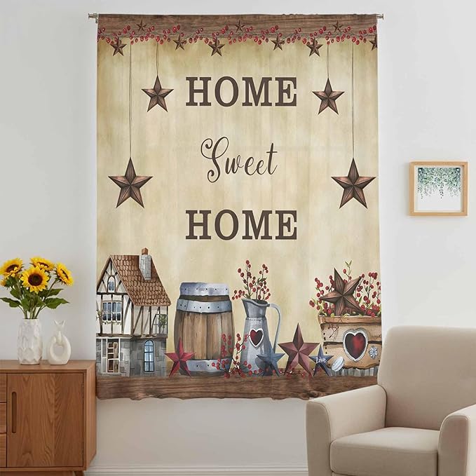 Farm Sheer Curtains 84 Inch Length American Country Barn Star Vintage Berry - Image 5