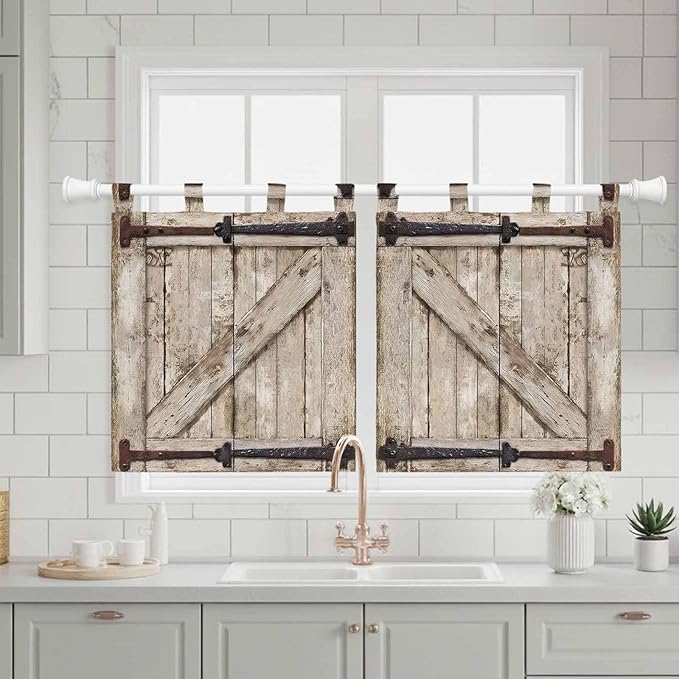 Farmhouse Wood Grain Kitchen Curtains 24 Inch Length, Small Window Curtains Tab - Image 3