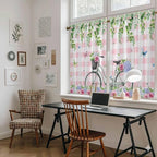 Spring Kitchen Curtains, Bicycles Leaves Butterfly Flowers Pink Buffalo Plaid - Image 6