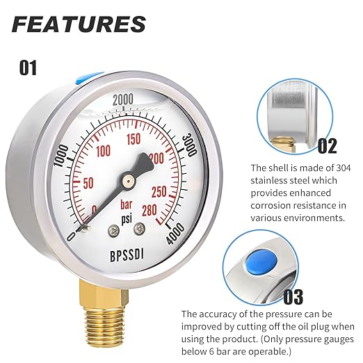 0-4000 Psi Glycerin Liquid Filled Hydraulic High Pressure Gauge, 2.5" Dial Size - Image 4