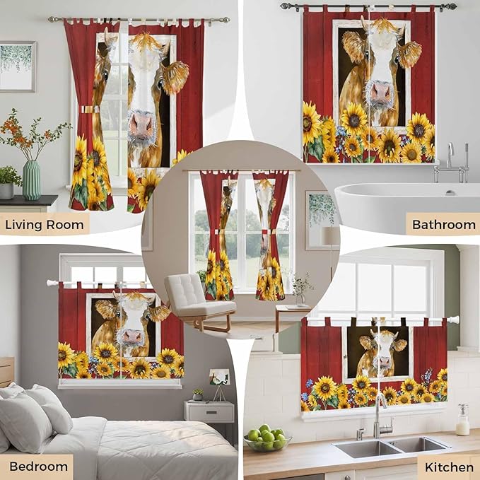 Cows Sunflowers Bathroom Curtains 63 Inch Length, Window Curtains Tab Top - Image 7