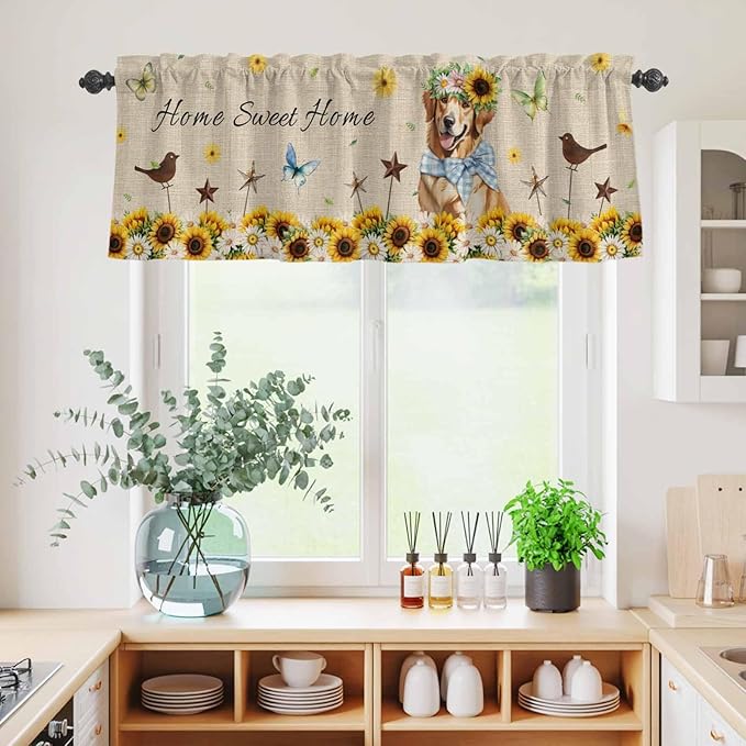 Kitchen Curtains Tiers and Valance Set of 3, Sunflowers Dog Light Filtering - Image 4