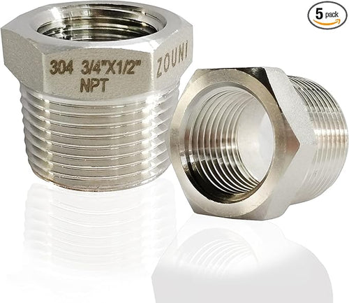 2 Pcs Reducer Hex Bushing, 304 Stainless Steel 3/4" Male NPT to 1/2" Female by Zounionline
