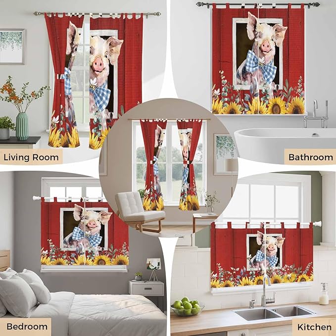 Pig Sunflowers Kitchen Curtains 45 Inch Length, Short Cafe Window Curtains Tab - Image 7