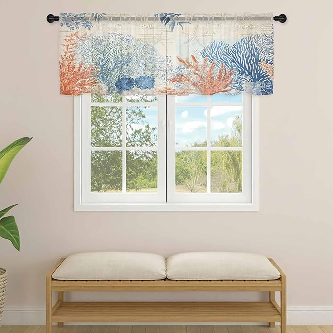 Ocean Corals Sheer Valance Curtains, Summer Beach Coral Sea Stars Retro Texture - Image 4
