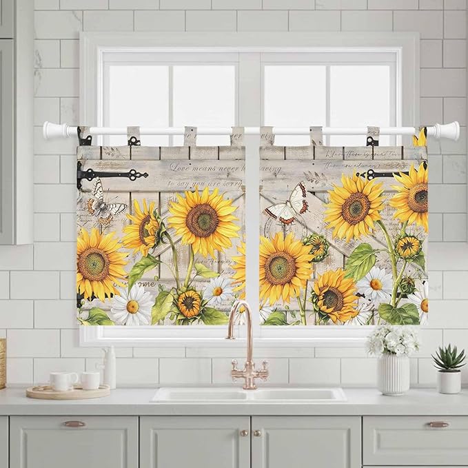 Farm Flowers Kitchen Curtains 36 Inch Length, Small Window Curtains Tab Top - Image 3