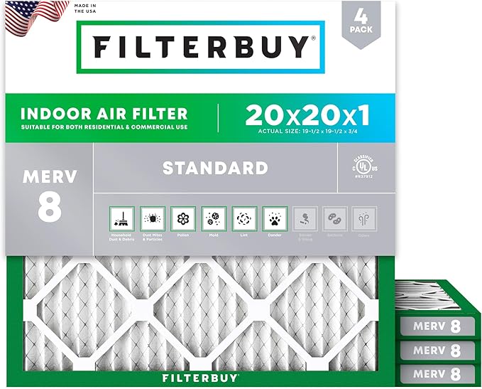 Filterbuy 20x20x1 Air Filter MERV 8 Essential Dust & Allergy Defense, by Filterbuy
