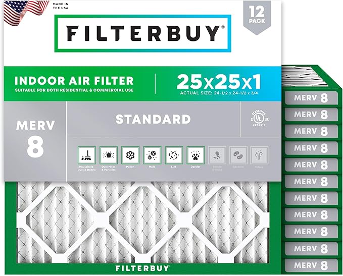 Filterbuy 25x25x1 Air Filter MERV 8 Essential Dust & Allergy Defense, by Filterbuy