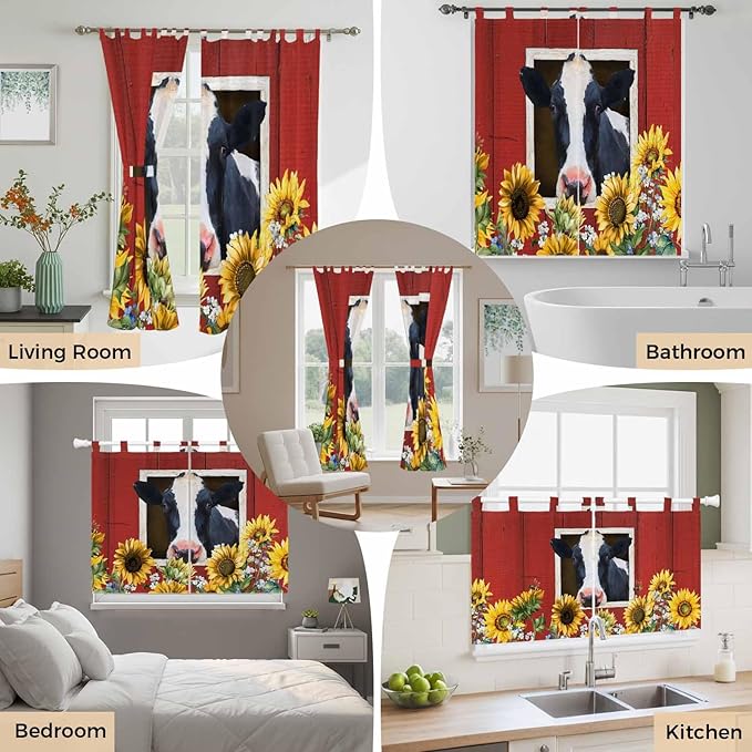Cow Sunflowers Bedroom Curtains 72 Inch Length, Window Curtains Tab Top - Image 7