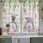 Spring Kitchen Curtains, Bicycles Leaves Butterfly Flowers Pink Buffalo Plaid - Image 2