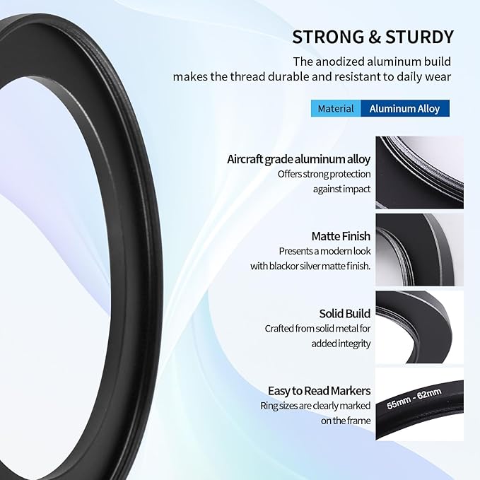55-62mm Step-Up Ring Adapter, 55mm to 62mm Step Up Filter Ring - Image 5