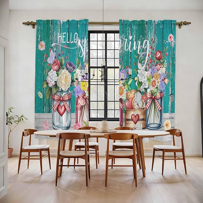 Spring Flowers Kitchen Curtains, Farmhouse Watercolor Teal Wood Grain Light - Image 2