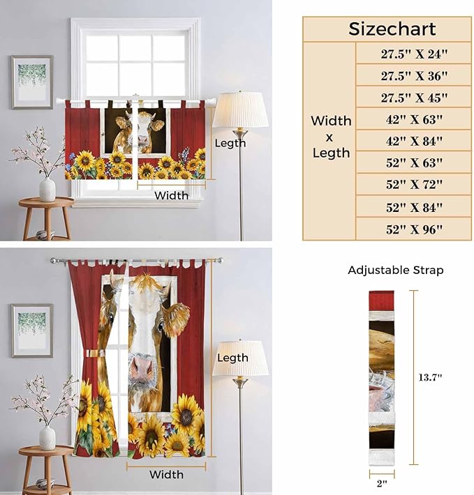Cows Sunflowers Bedroom Curtains 72 Inch Length, Window Curtains Tab Top - Image 8