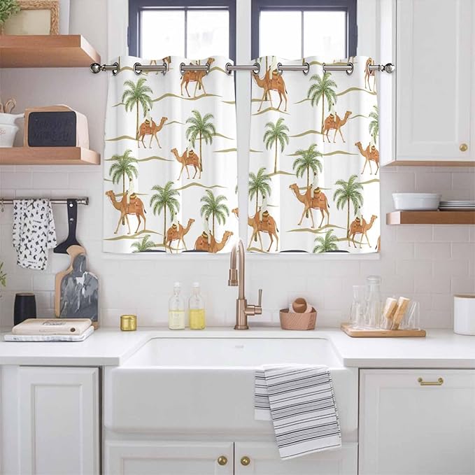 2 Panel Kitchen Cafe Curtains, Desert Camels Sunlight Filtering Nature Air - Image 2