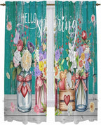 Spring Flowers Kitchen Curtains, Farmhouse Watercolor Teal Wood Grain Light by Unknown