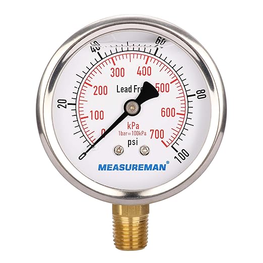 MEASUREMAN Lead-Free Pressure Gauge, 2-1/2inch Dial, Glycerin Filled, by MEASUREMAN