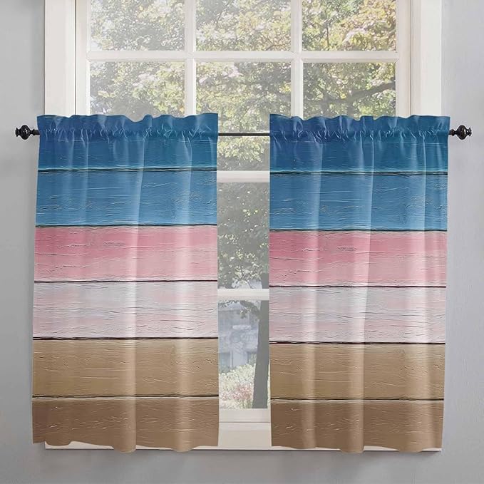 Blue Pink Brown Gradient Wood Grain Window Valance Curtains, Vintage Wood Board - Image 7
