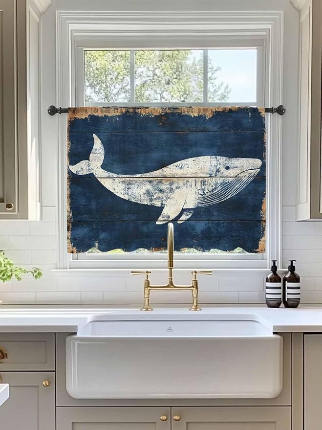 Sheer Curtains 54 Inch Length, Ocean Whale Blue Semi Sheer Curtains Light - Image 3