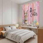 Easter Kitchen Curtains, Spring Rabbit Eggs Flowers Flags Leaves Wood Grain - Image 4