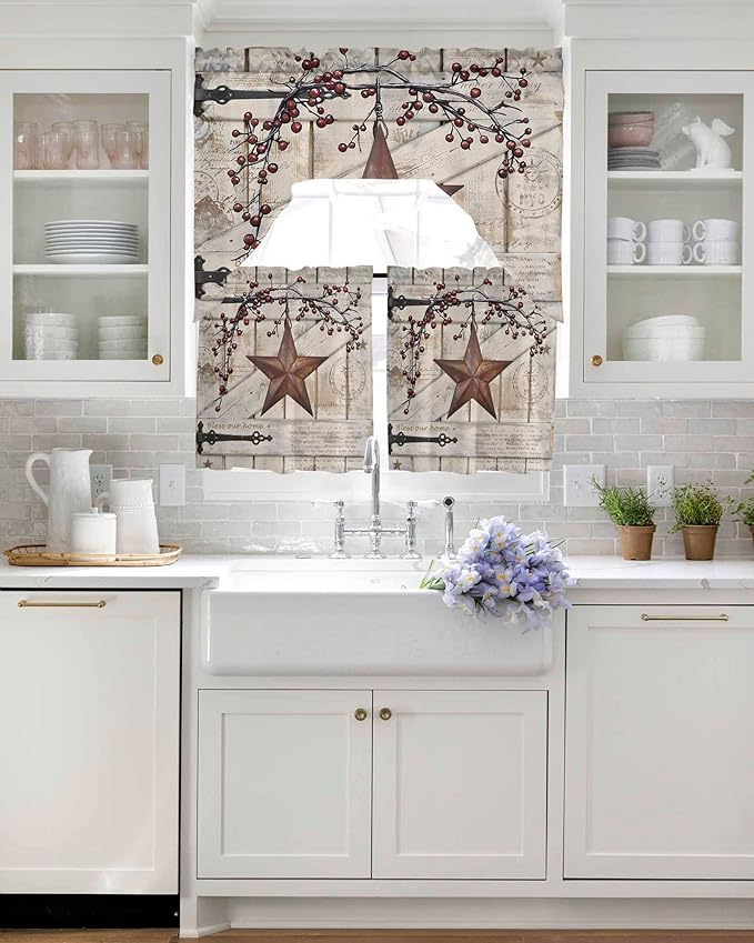 Village Stars Swag Kitchen Curtains Valance and Tier Set, Vintage Rust Yellow - Image 4