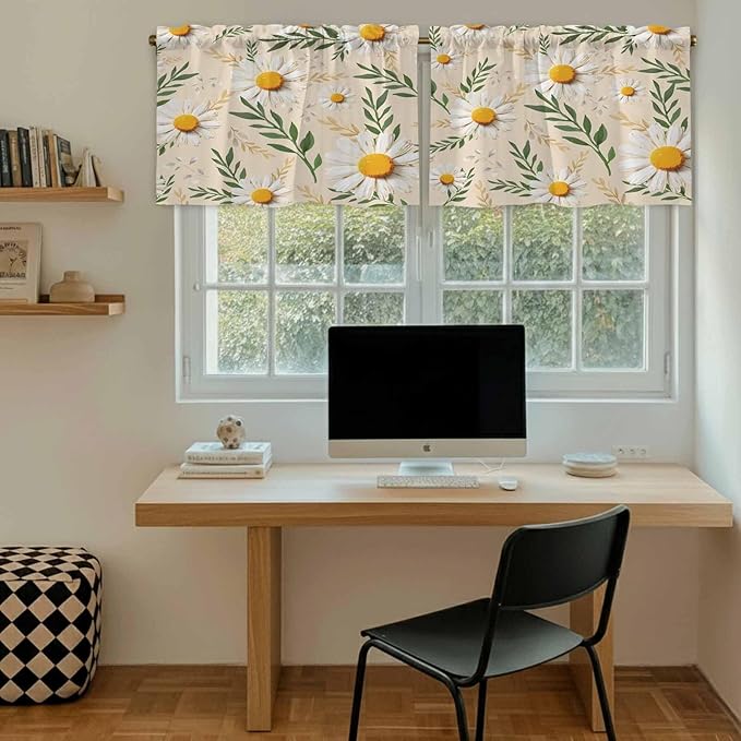 Spring Daisy Tier Curtains, Country Watercolor Flower Leaf Plant Light - Image 6