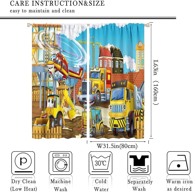 Kids Cartoon Construction Window Curtains, Funny Construction Site Cars and - Image 4