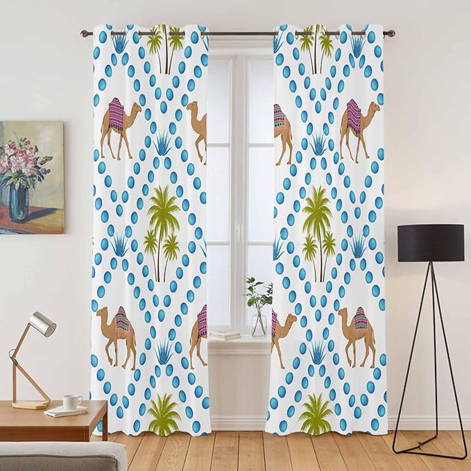 2 Panel Kitchen Cafe Curtains, Camels Palm Trees Sunlight Filtering Nature Air - Image 2