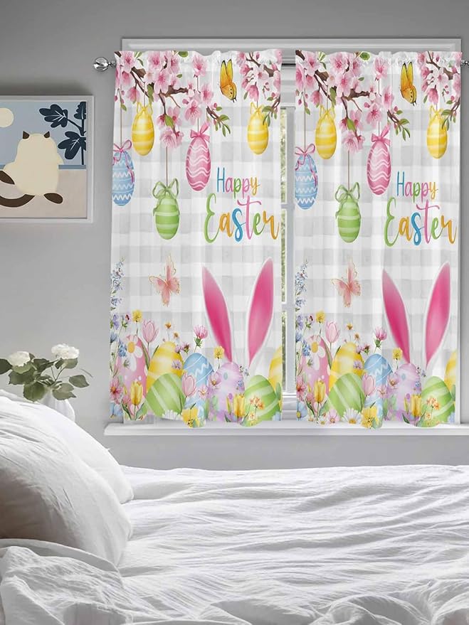 Happy Easter Bedroom Curtains 63 Inches length, Spring Watercolor Bunny Eggs - Image 5