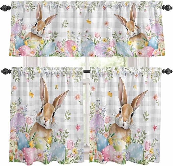Kitchen Curtains Tiers and Valance Set of 3, Easter Light Filtering Window by Anzona