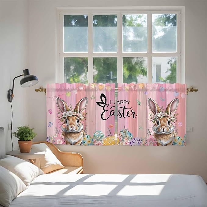 Easter Tier Curtains, Spring Rabbit Eggs Flowers Flags Leaves Wood Grain Light - Image 4