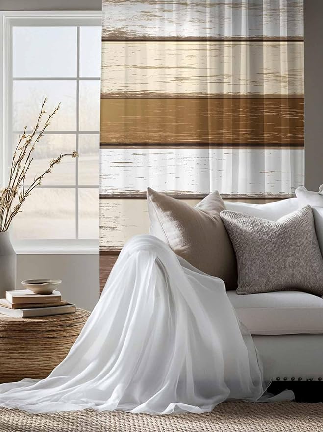 Sheer Curtains 63 Inch Length, Vintage Geometric Brown Semi Sheer Curtains - Image 4