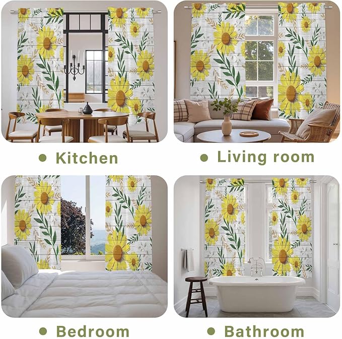 Yellow Daisy Kitchen Curtains, Farmhouse Country Flower Leaf Plant Wood Grain - Image 8