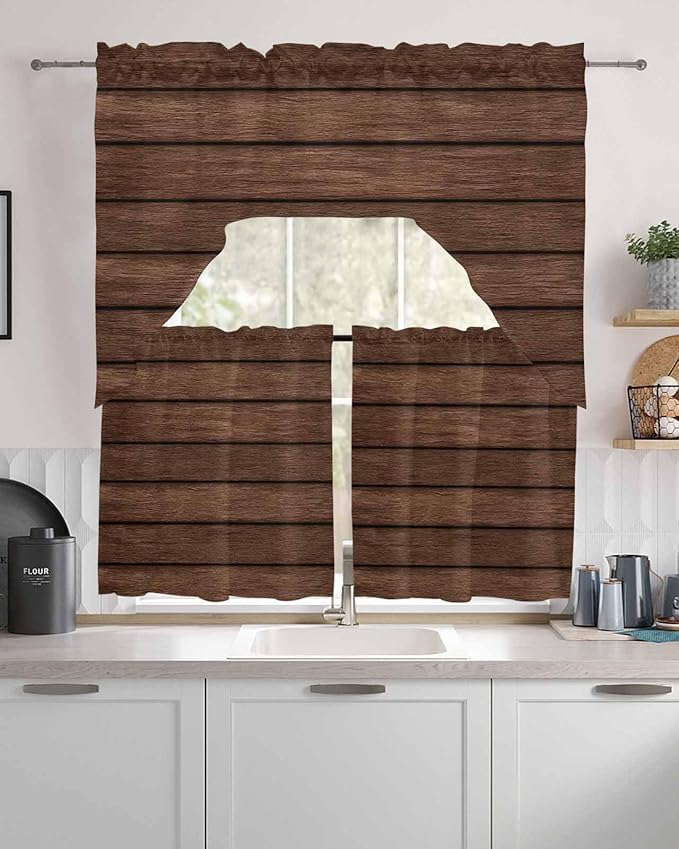 Brown Wooden Board Swag Kitchen Curtains Valance and Tier Set, Vintage Wood - Image 2