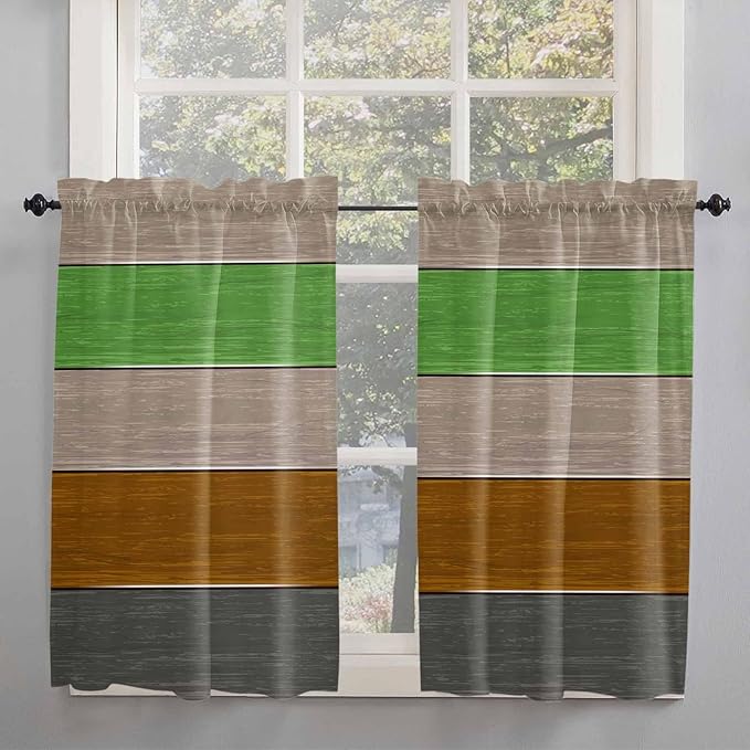 Farm Gray Green Brown Wood Grain Window Valance Curtains, Rustic Wooden Plank - Image 2