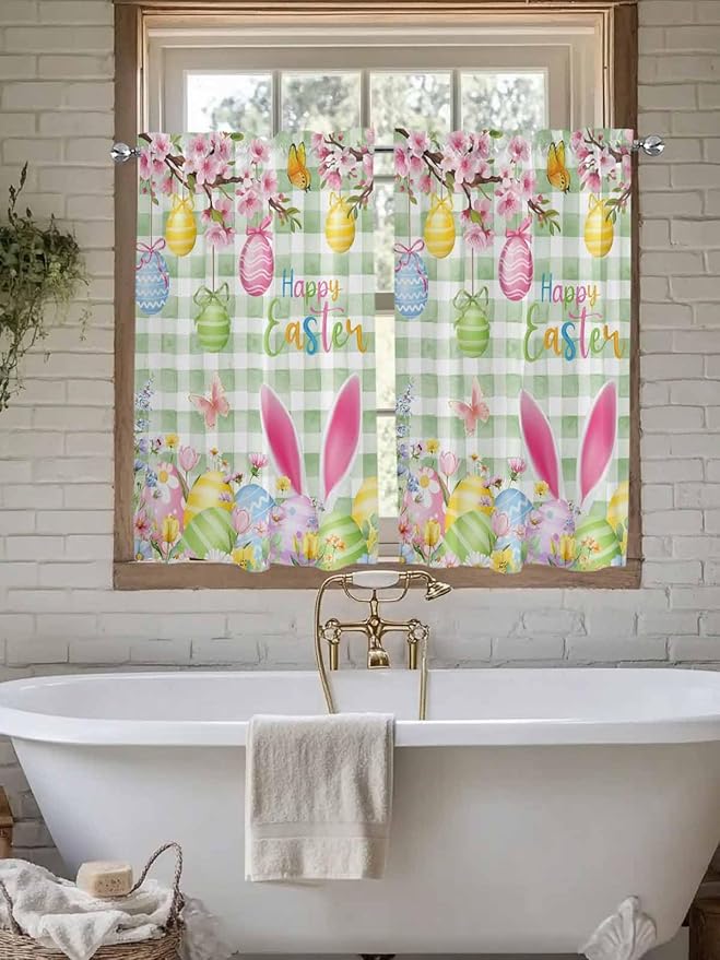 Happy Easter Kitchen Curtains 45 Inches length, Spring Bunny Eggs Flower Sage - Image 7