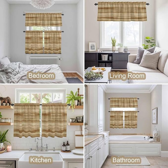 Kitchen Curtains Tiers and Valance Set of 3, Light Brown Wood Grain Light - Image 7