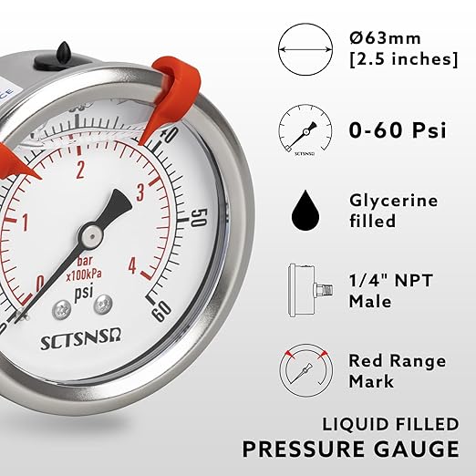 0 to 60 Psi Pressure Gauge, Glycerin Liquid Filled, 2.5 inch Dial, 1/4" NPT - Image 2