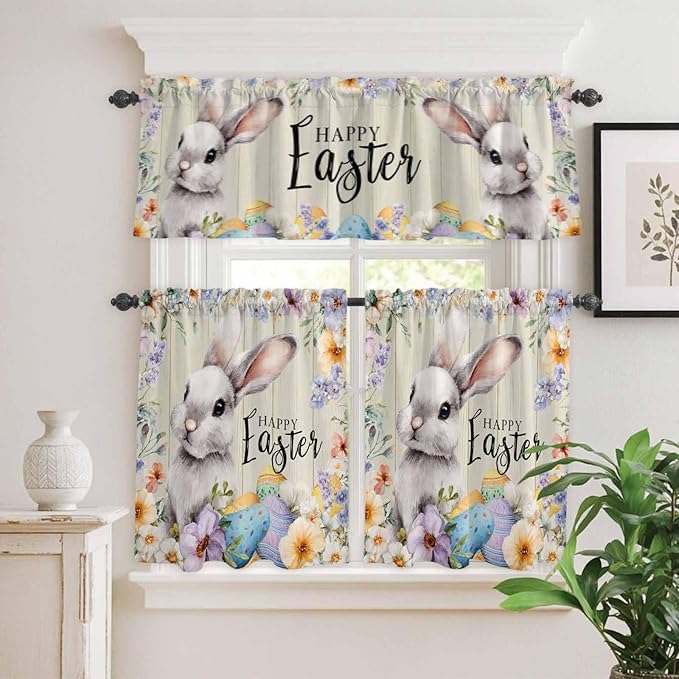 Easter Grey Bunny Kitchen Curtains Set 3 Piece - Image 9