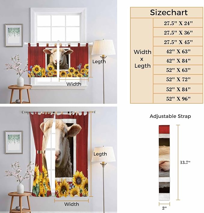 Sheep Sunflower Kitchen Curtains 36 Inch Length, Small Window Curtains Tab Top - Image 8