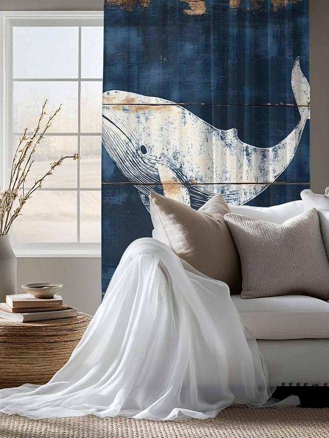 Sheer Curtains 72 Inches Long, Ocean Whale Blue Semi Sheer Curtains Light - Image 4