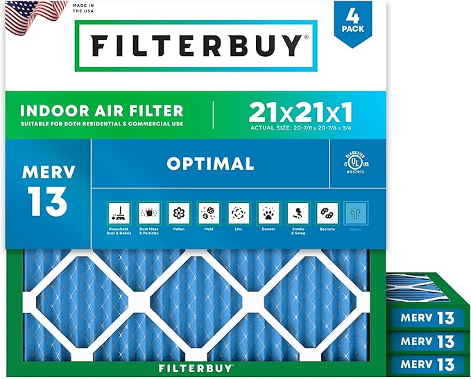 Filterbuy 21x21x1 Air Filter MERV 13 Optimal Smoke & Allergy Defense, by Filterbuy